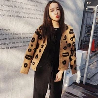 2021 fall womens clothing korean style fashionable all match v neck internet famous leopard print knitted cardigan sweater coat