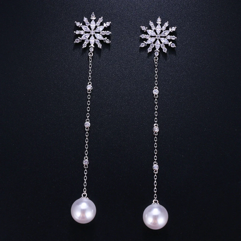 

Vintage Silver Needle Post Snow Flowers Stud Earrings For Women Long Tassel Luxury Pearl Pendant Earring Trendy Female Jewelry