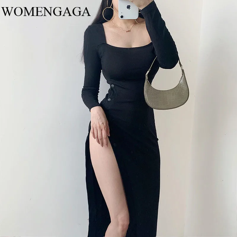 

WOMENGAGA Sexy Fashion Slim Low Chest Square Collar Split Legs Light Ripe Temperament High Waist Split Leg Long Sexy Dress REKJ