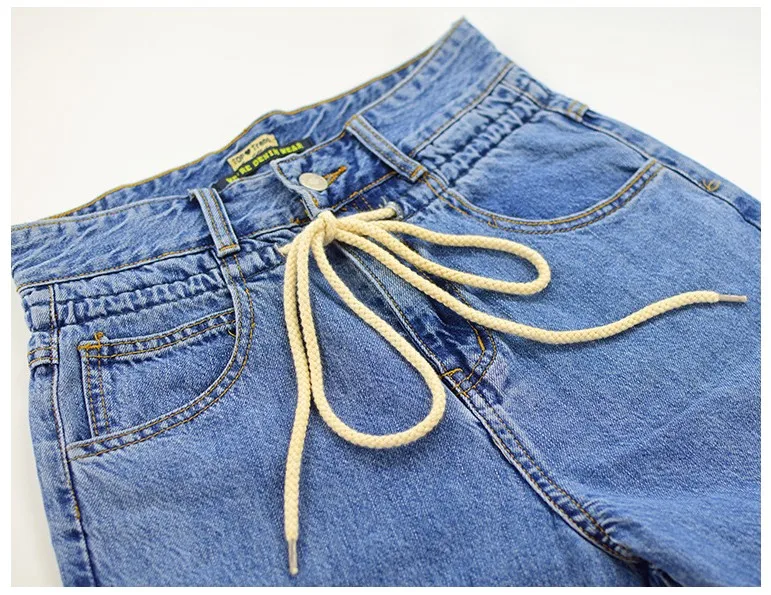 

2020 women's high-waisted jeans blue loose bud drawstring jeans trousers elastic waist straight leg women's fashion jeans