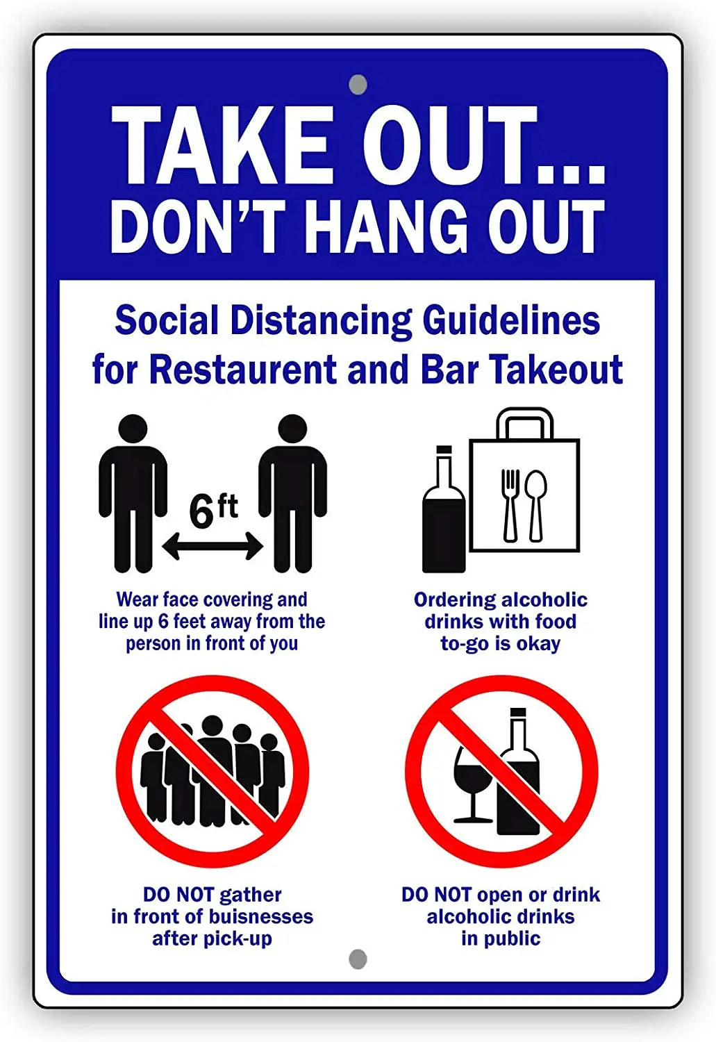 

Afterprints Take Out Don't Hang Out Social Distancing Guidelines Notice Aluminum Metal Sign 8"x12"