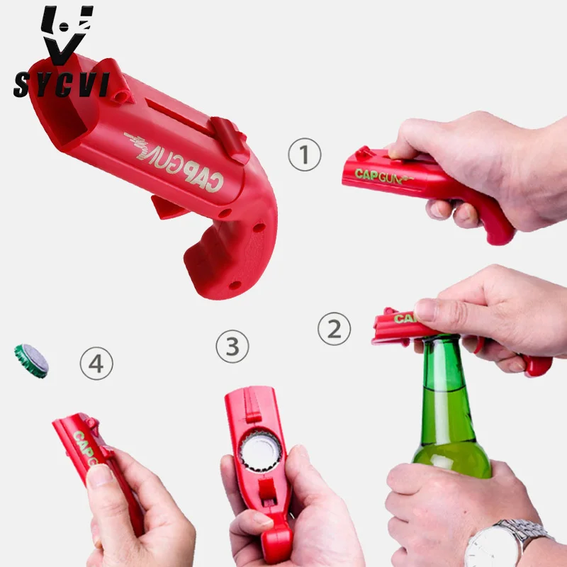 

Portable Cap Gun Creative Flying Cap Launcher Bottle Beer Opener Bar Tool Drink Opening Gun Shaped Bottle Lids Shooter Red Gray