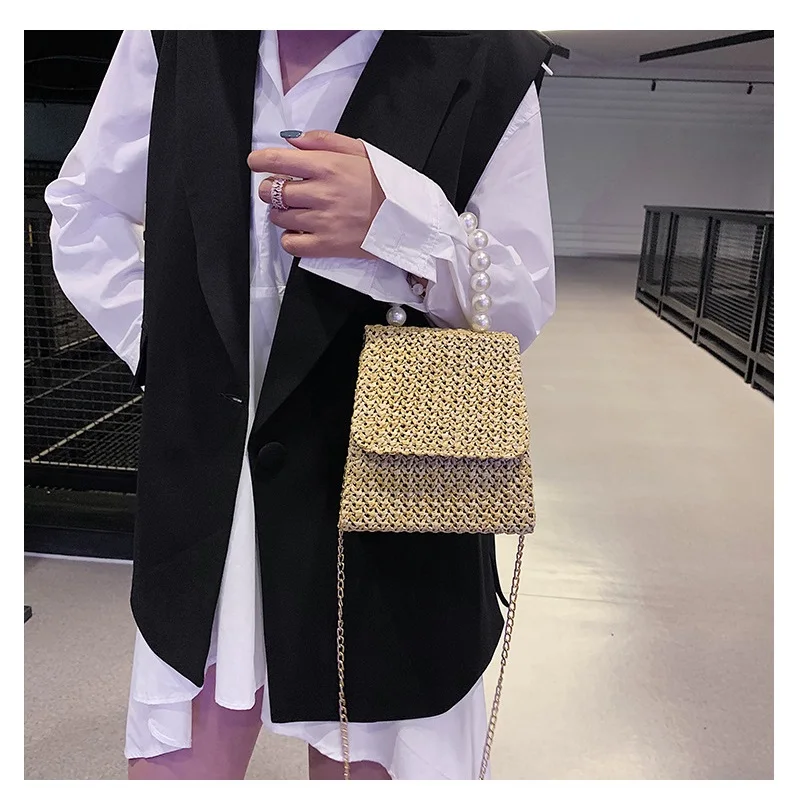 Straw Bags For Women 2020 Female Summer Handmade Woven Shoulder Small Pearl Handle Ladies Hand Travel Purse Beach | Багаж и сумки