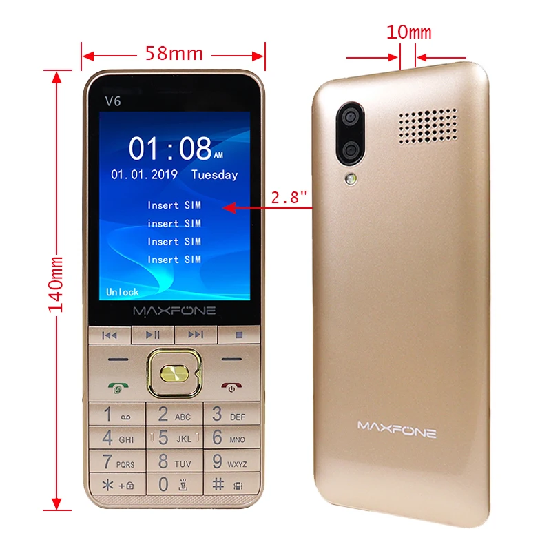 GSM 2 8 "Экран четыре Sim Русская клавиатура мобильный телефон большой фонарь MP3