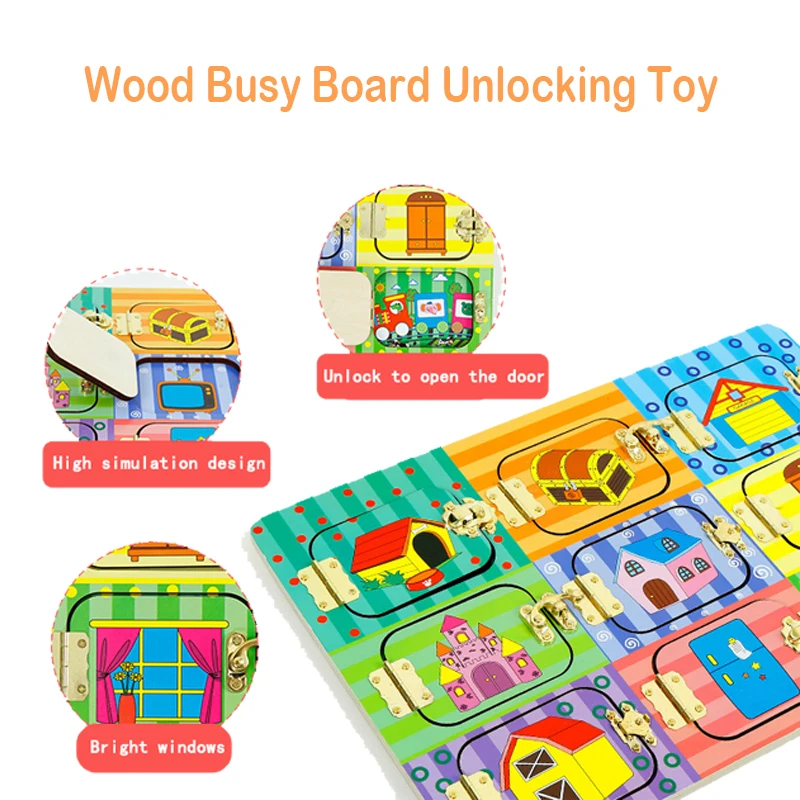 

Baby Montessori Wood Busy Board Unlocking Toy For Kids Early Education Wooden Latches Board Developmental Toddlers Toys