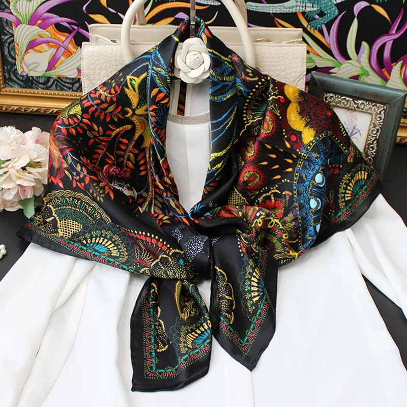 

KMS Phoenix Flying Mulberry-Silk Silk Scarf Hand Hemming Plain Crepe Satin Square Scarf Shawl 110*110CM/65G