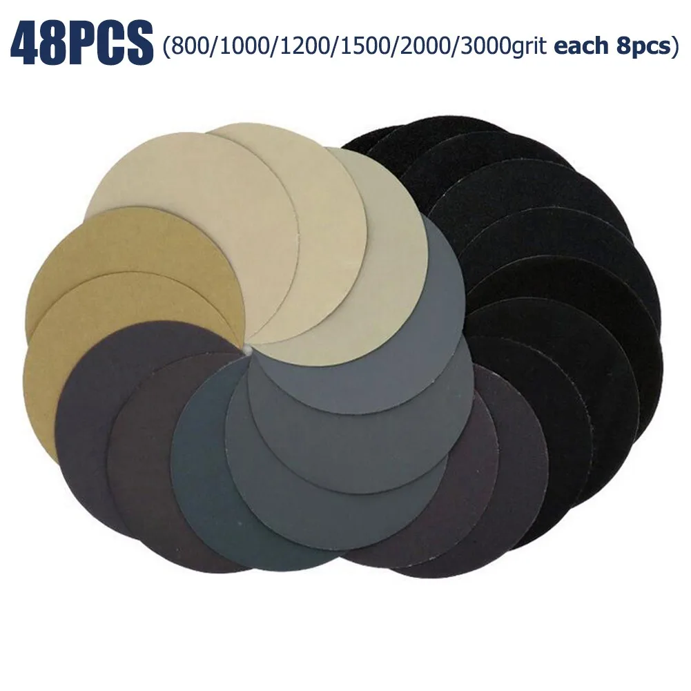 

48Pcs Wet Dry Sandpaper 125mm 800/1000/1200/1500/2000/3000 Grit Water Dry Sanding Discs Sandpaper Loop Sanding Pad