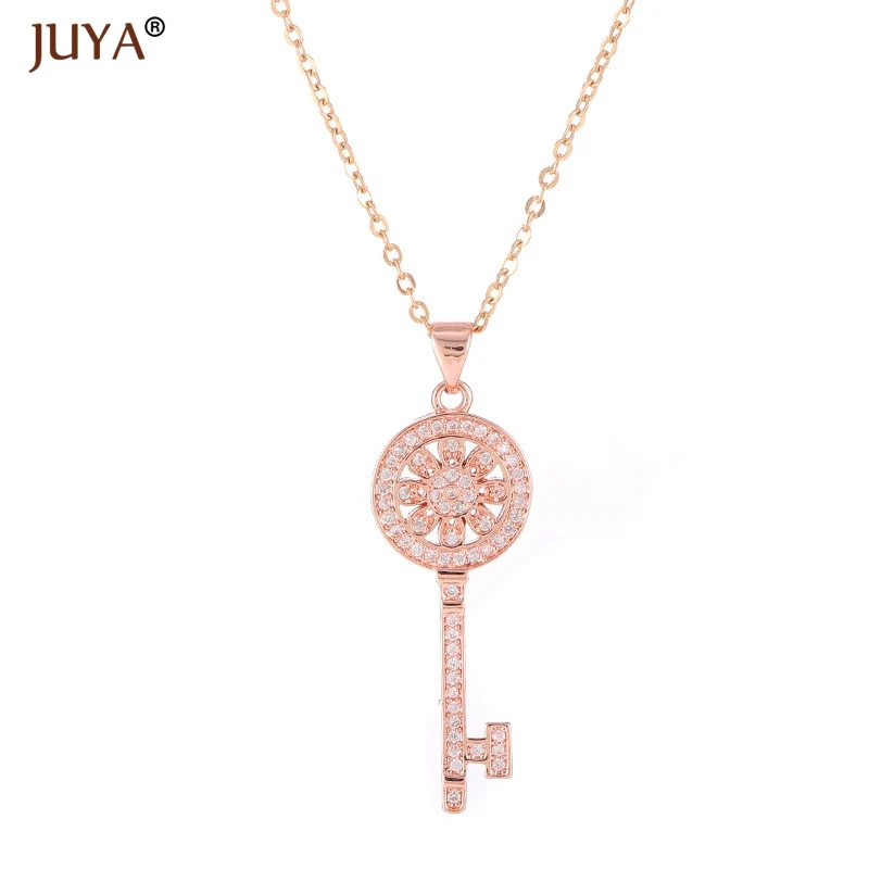fashion statement necklaces for women Luxury Jewelry Copper Zircon Rhinestone Key Pendants Necklace Silver Femme