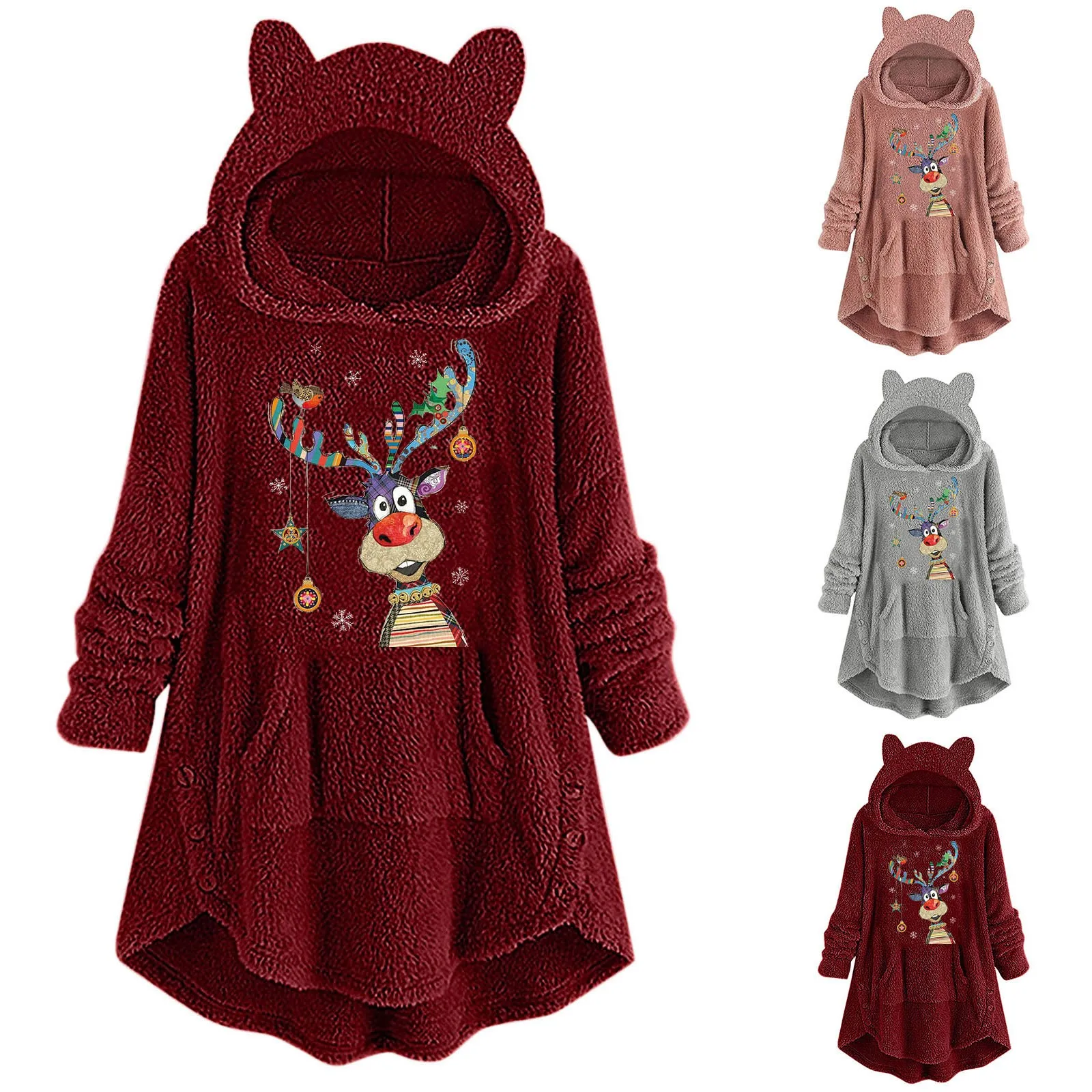 

Women's Warm Thickened Christmas Overcoat Plush Coat Long Sleeve Artistic Deer Print Hoodie Pullover Jacket with Pocket