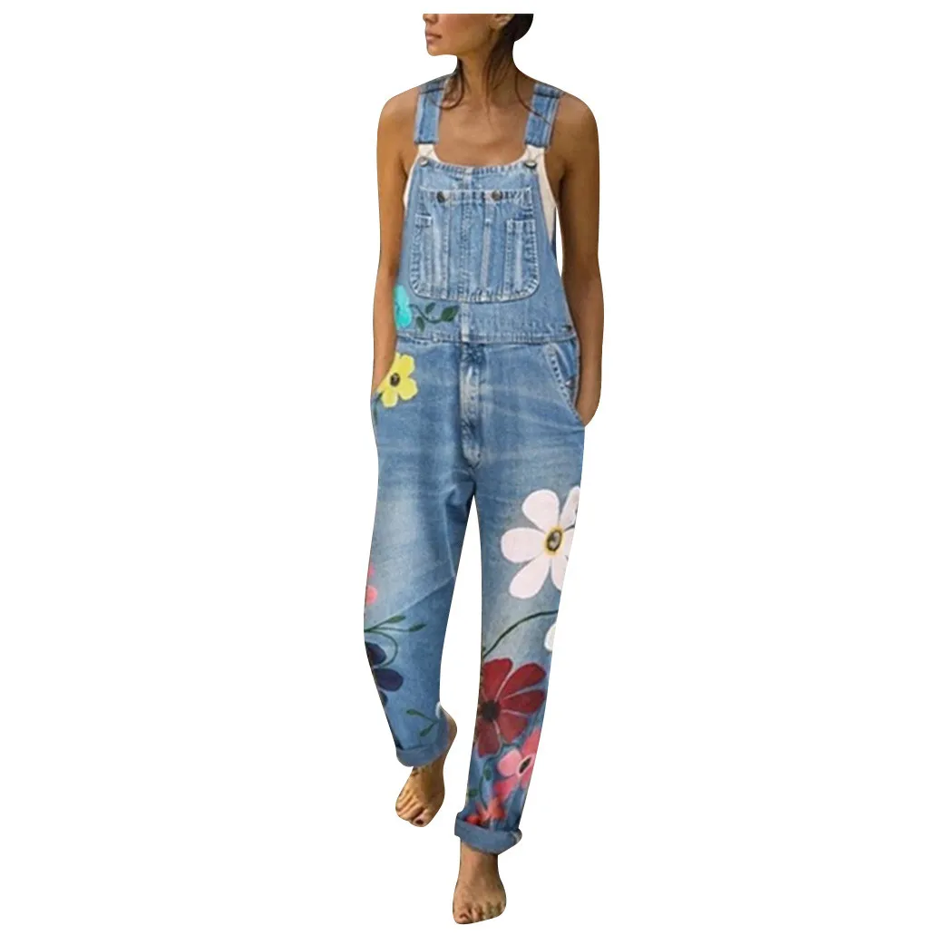 Комбинезон Комбинезоны с цветочным принтом синие джинсы комбинезон для женщин
