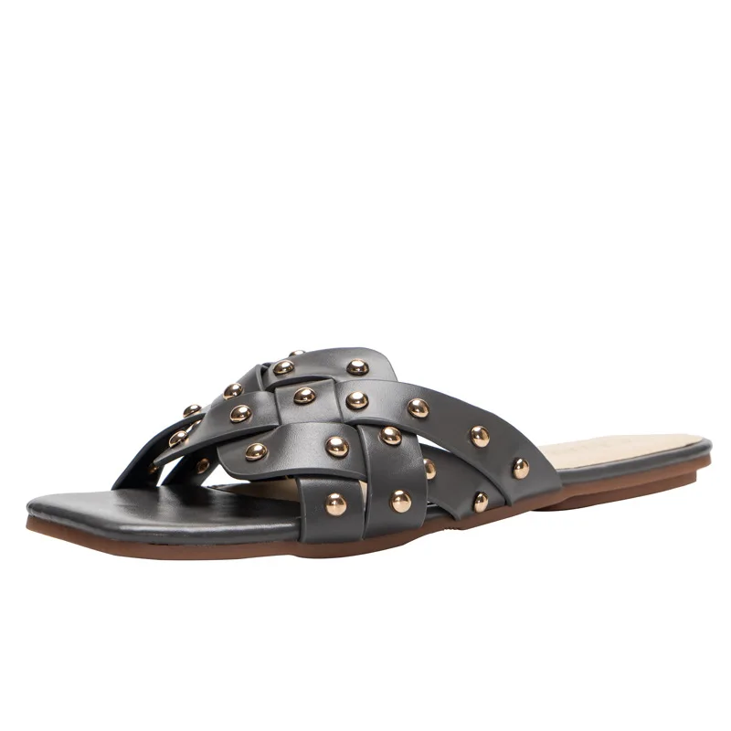 

2021 Summer Women Sandals Rivet Woven Belt Flat Heel Women Slippers Fashion Square Head Wear Casual Flat Bottom Women's Slippers