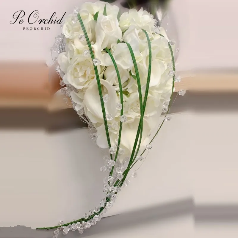 

PEORCHID Calla Lily Waterfall Bridal Bouquet Silk Rose Peony Artificial flowers White Cascading Crystal Wedding Bouquet