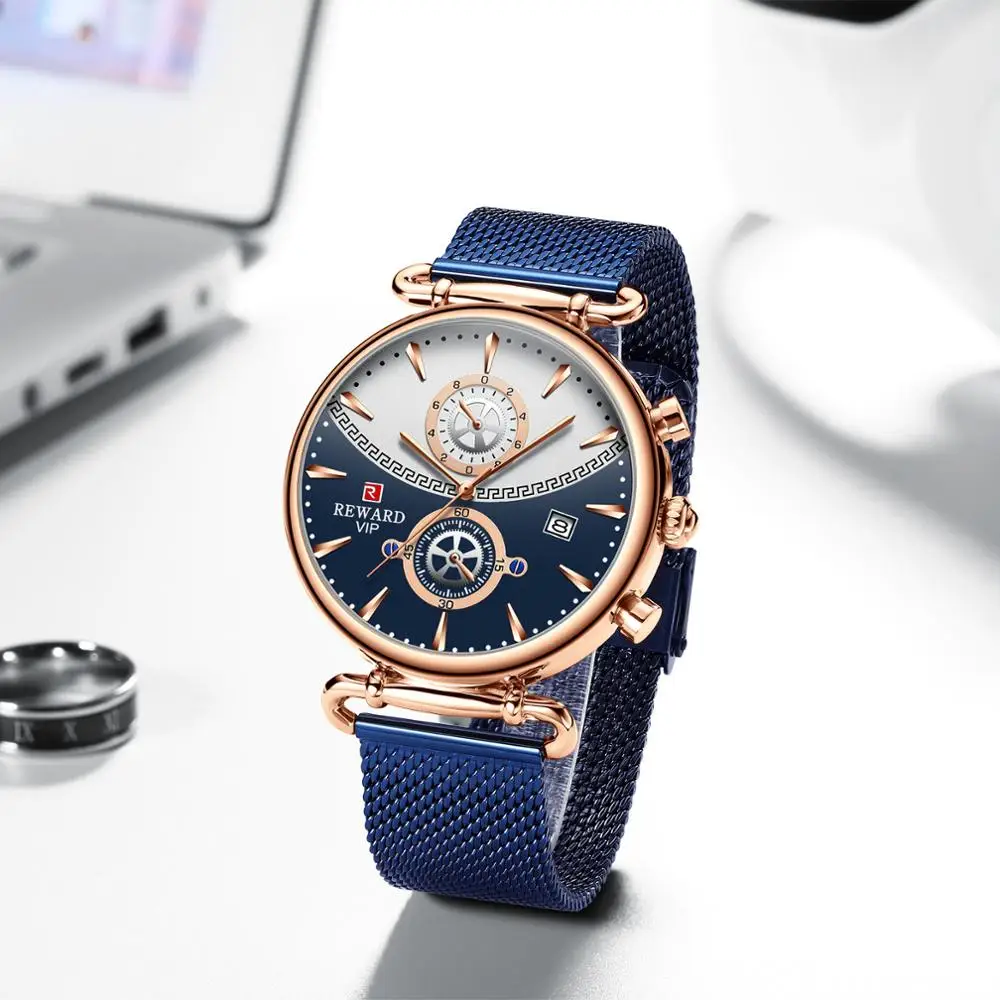 REWARD Couple Watches Anniversary Lover Gifts Stainless Steel Mesh Band Multifunction Date Men Women Calendar Wristwatch