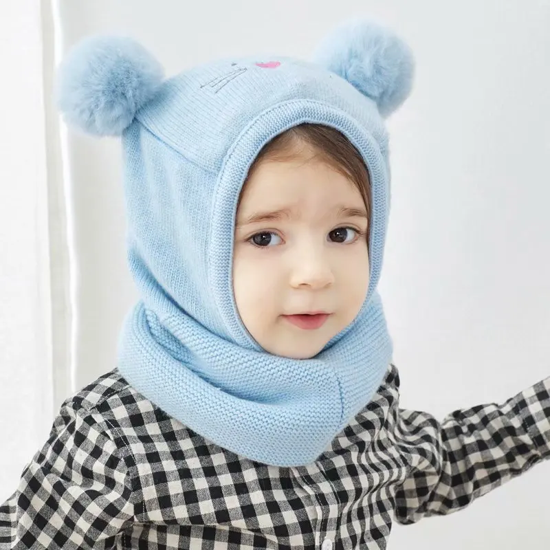 

Autumn Winter Baby Hat Child Windproof One-piece Cap Boys Girls Cat Embroidery Fur Ball Pom Pom Thickening Knitted Warm Hats