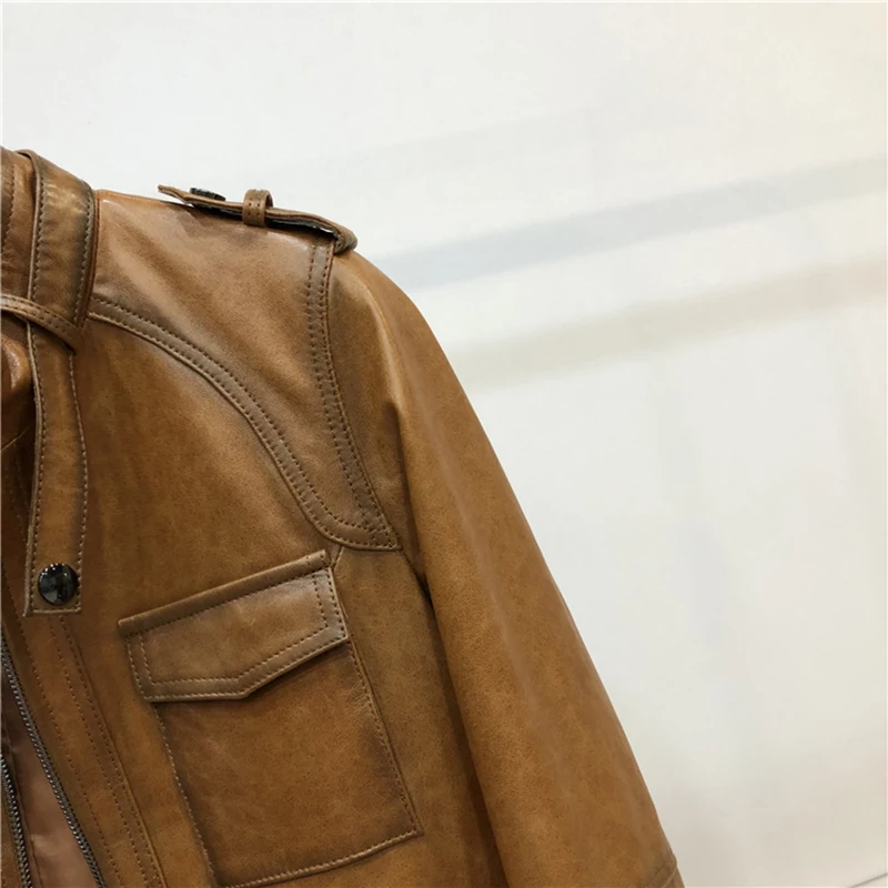 JAZZEVAR 2023 New High Fashion Street Women Real Sheep Skin Leather Jacket Oil wax color Genuine Leather short Motorcycle Jacket