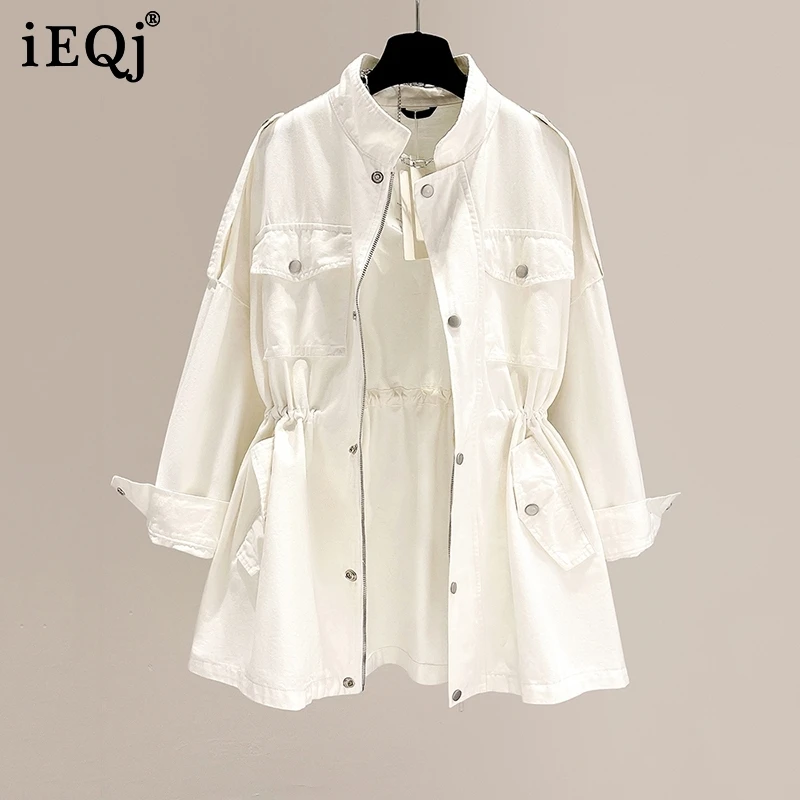 

IEQJ 2021 Autumn New Tooling Windbreaker Women Long Sleeve Waist Pure Color Zipper Pocket Trench Female Fashion 3W102