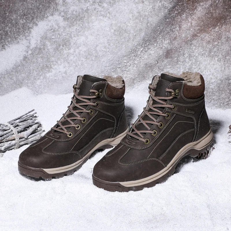 Winter Leather Men Boots Fashion Waterproof Snow Designer s Shoes Lace Up Ankle Big Size HX-166