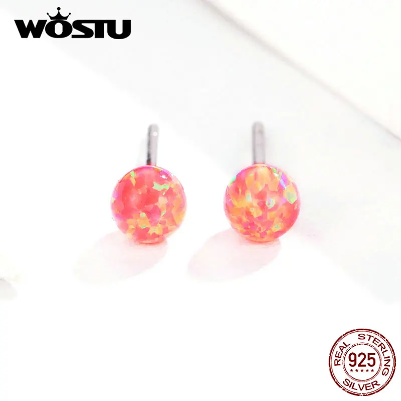 WOSTU Новое поступление опал цветные маленькие серьги 925 пробы серебро для женщин Свадебные Круглые серьги-гвоздики ювелирные изделия FIE752