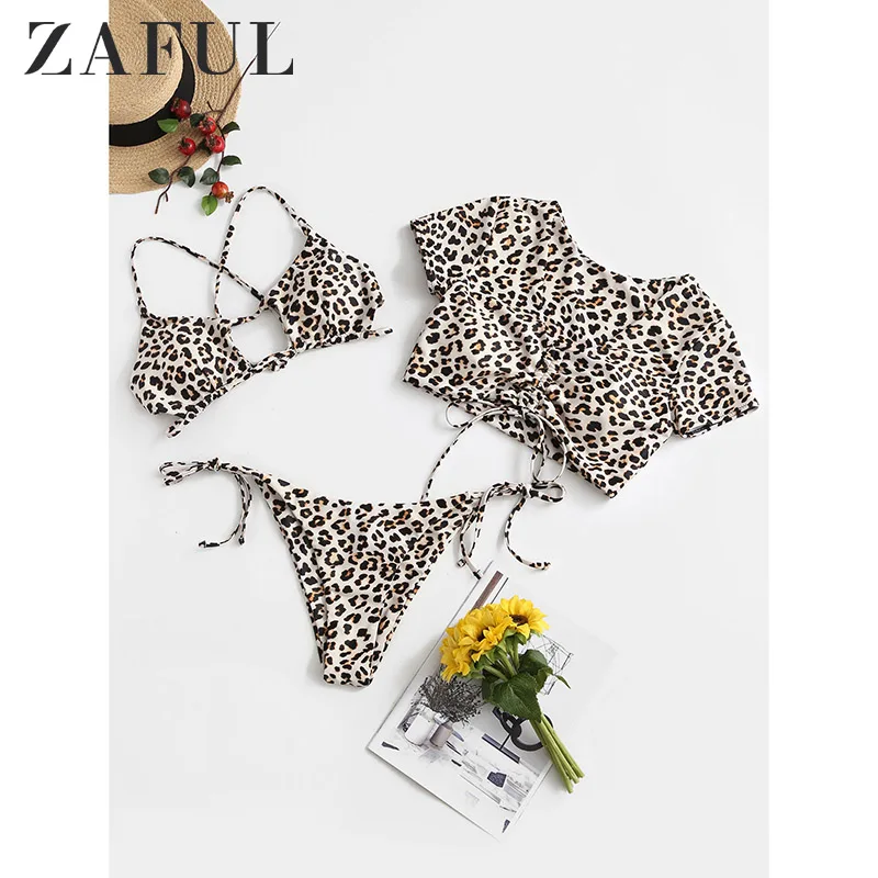 

ZAFUL Swimwears Women Leopard Cinched Cutout Tie Three Piece Swimsuit Spaghetti Straps Bikini 2020 Snake Print Sexy Bikinis Set