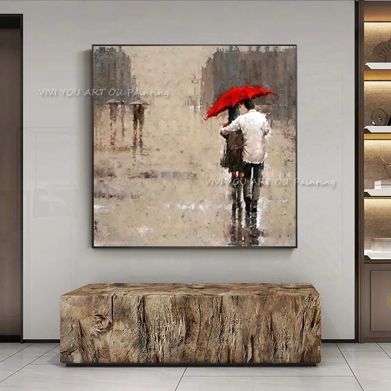 

Handmade Modern Abstract Red Umbrella Oil Painting Lovers Walking In Rain Landscape Painting On Canvas Wall Art For Home Decor