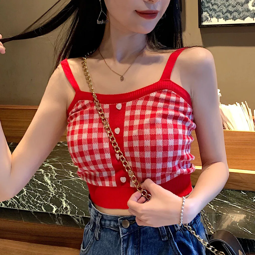 

Sexy Knitted Crop Top Womens Summer Plaid Sleeveless Tank Tops Backless Camisole Strap V Neck Ladies Vest Tops