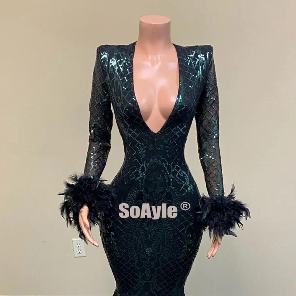 

SoAyle Long Prom Dresses 2020 Sexy Deep V-neck Mermaid Sequin Dark Green African Women Prom Dress Sleeves Feathers Dresses