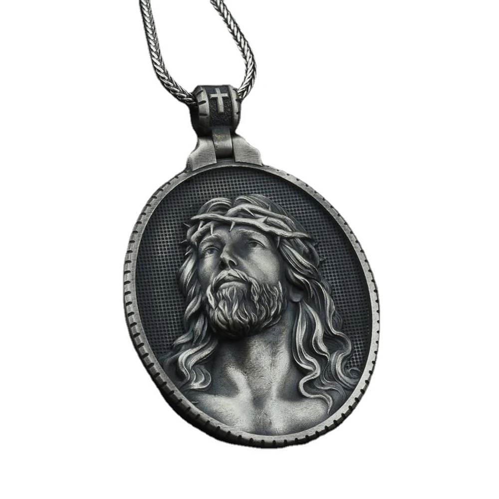 

Christ Jesus Pure Tin Do Old Pendant Men Religion Catholic Necklace Vintage Commemorative Medallion Pendants Chain Necklaces