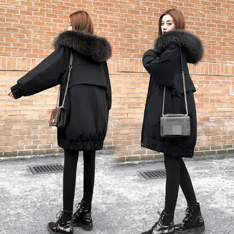 Женское хлопковое пальто средней длины Свободное с большим меховым воротником и