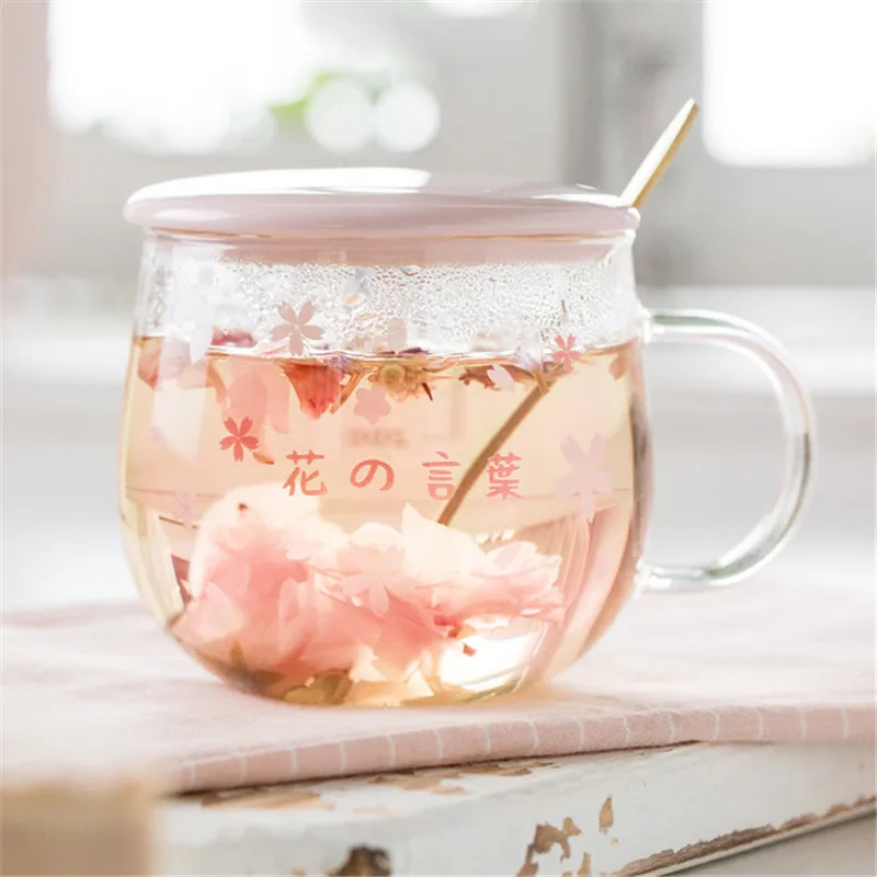 

Glass Cherry Blossoms Coffee Mug With Spoon and Ceramic Lid Heat Resistant Office Teacup Transparent Breakfast Milk Juice Cup