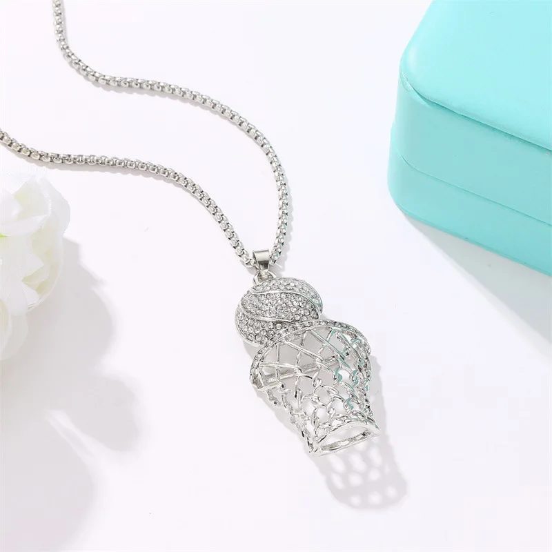 

Fashion Rhinestone Basketball Box Pendant Necklace for Women Long Zircon Thick Chain Sweater Chain Hiphop Sports Fashion Jewelry