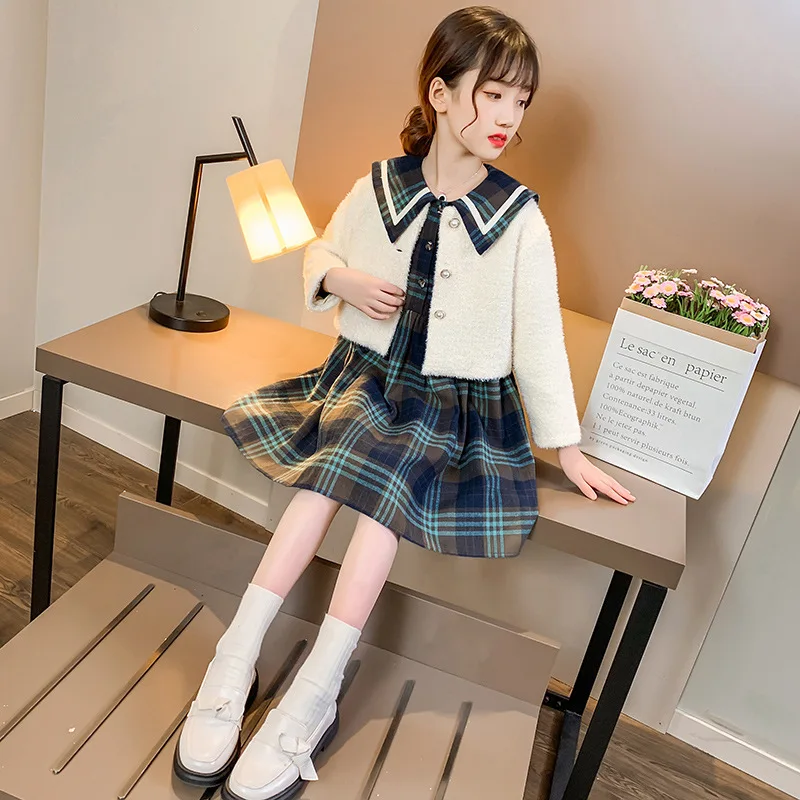 

Fashion Spring Autumn Warm Girls Suit Cotton Coat+ Dress 2Pcs/SetsTeenage Children's School ClothingKids Party High Quality