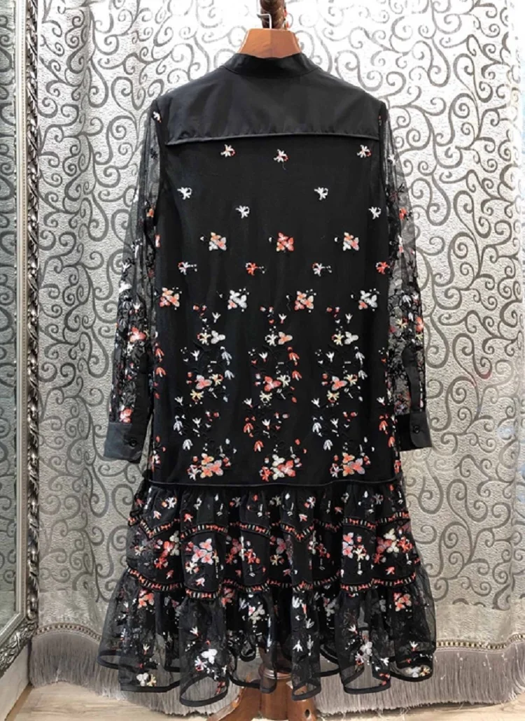 

Novia Party 2020 Spring Summer Style Women Stand Neck Allover Exquisite Embroidery Long Sleeve Knee-Length Vintage Dress Vestido