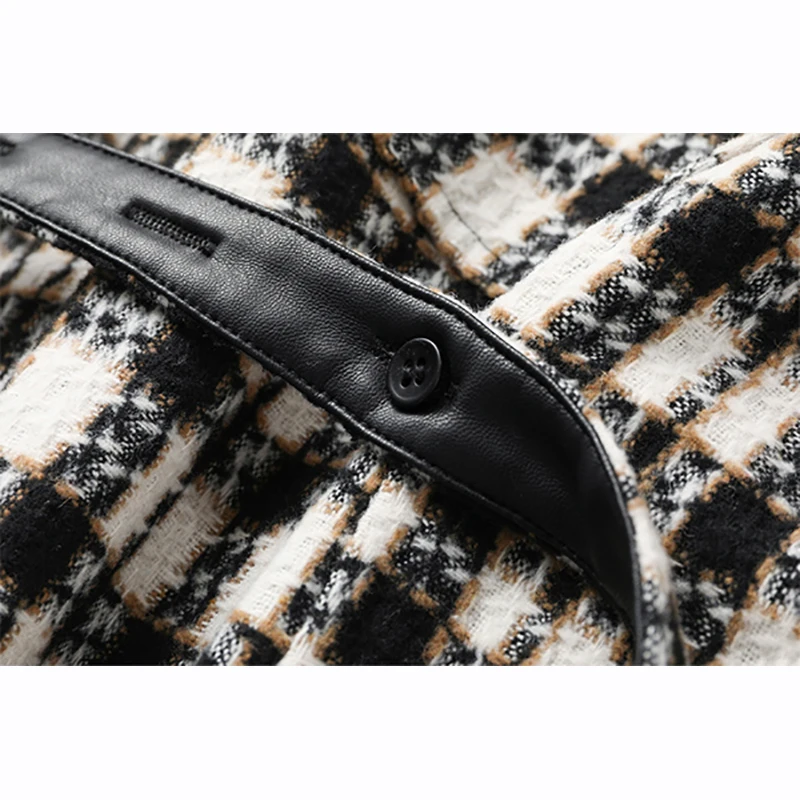 

2020 Women's Coat Loose Fit Black Pu Leather Plaid Big Size Woolen Coat Parkas New Long Sleeve For Autumn Winter