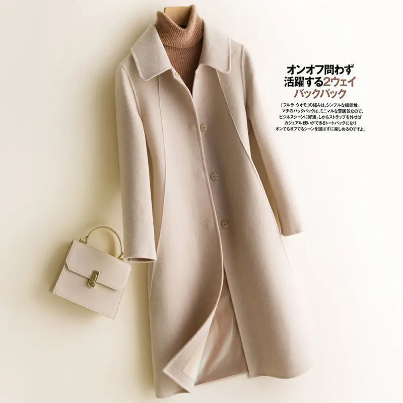 

Женское шерстяное пальто с отложным воротником, однобортное элегантное теплое приталенное офисное пальто средней длины в Корейском стиле, ...