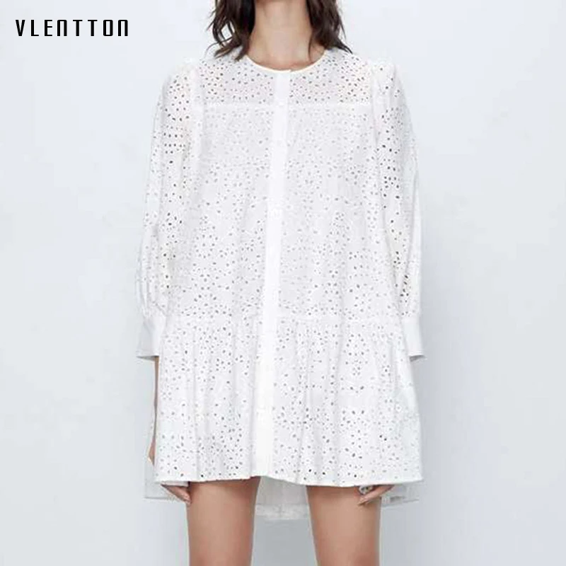 Женское ажурное мини-платье-рубашка повседневное свободное белое праздвечерние