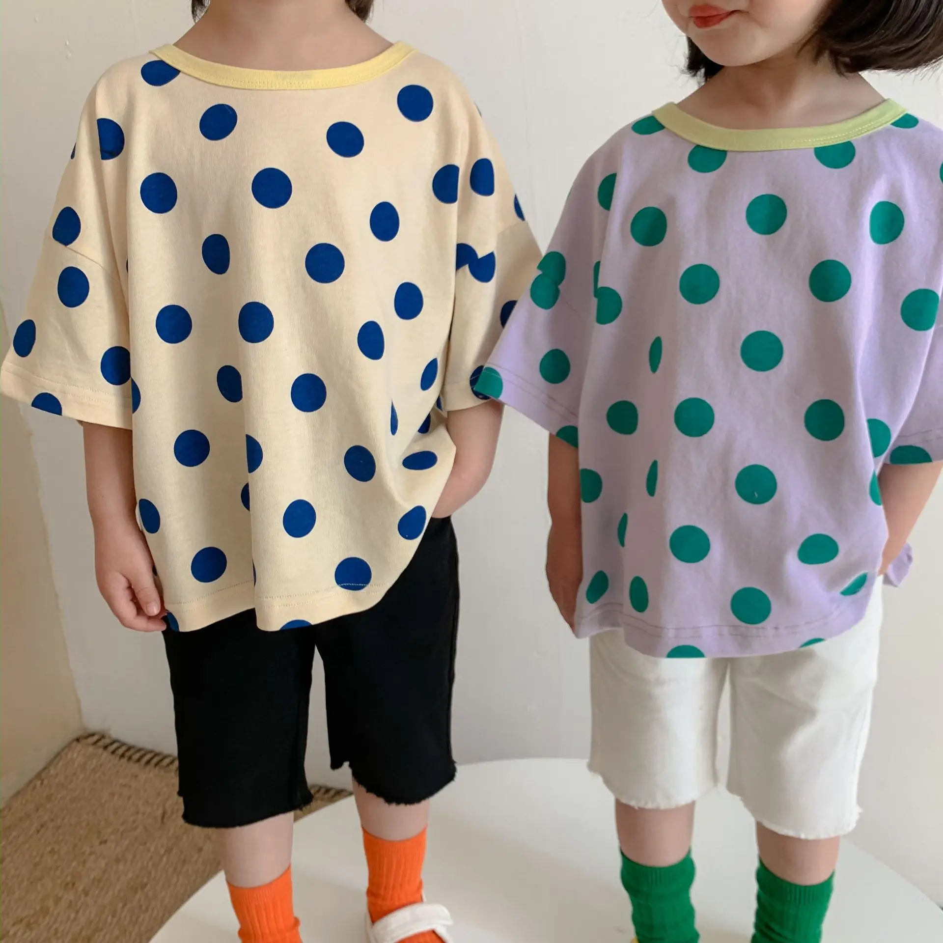 

2021 Summer New Kids T-shirt Polka Dot O-neck Children Tees Cotton Casual Clothes for Brother and Sister