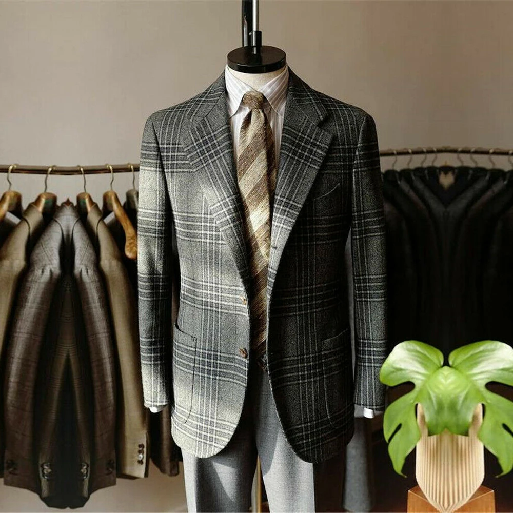 

Men Suits Tweed Check Coats Business Blazer Tuxedos Tailored Wool Blend Notch Lapel Jacket With Pants Male Clothing 2021