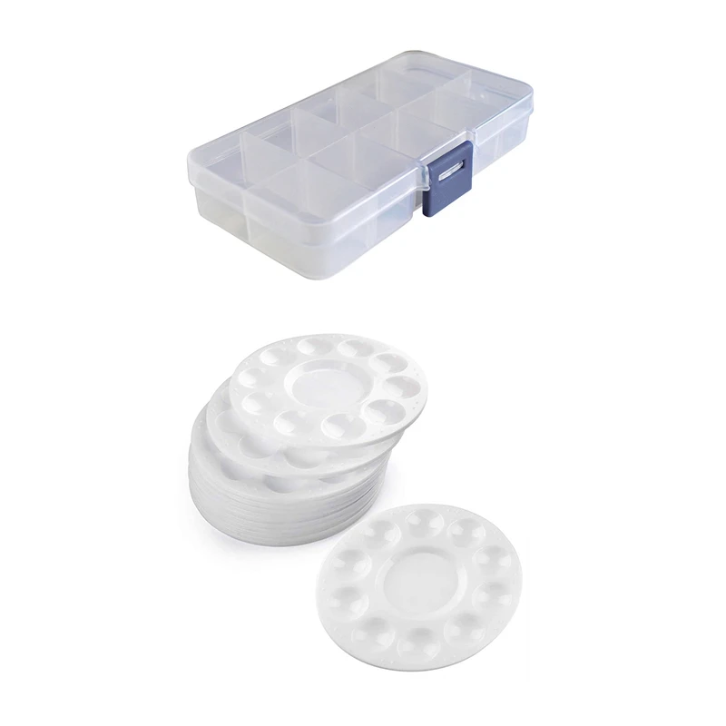 

10Pcs 10 Compartments Plastic Nail Art Tips Storage Case Box & 12Pcs Paint Tray Palettes Round Plastic Pallets