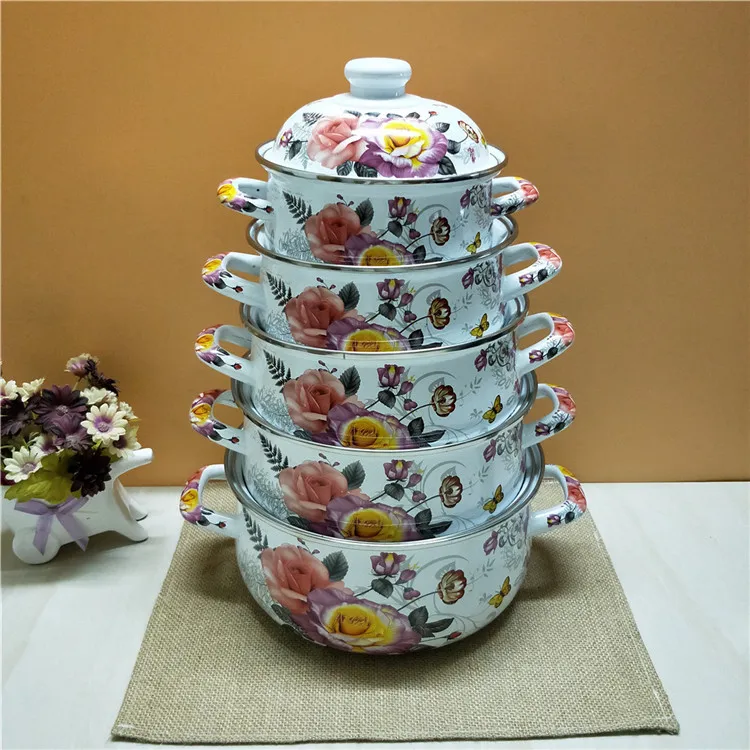 Фарфоровые эмалированные Цветы 5 суповых горшков розовая сковорода с крышкой