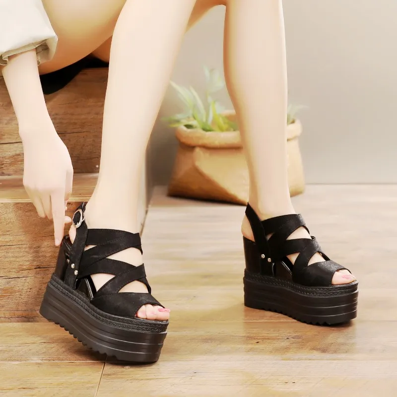 12 см клинья Босоножки на платформе женские туфли с открытым носком высоком