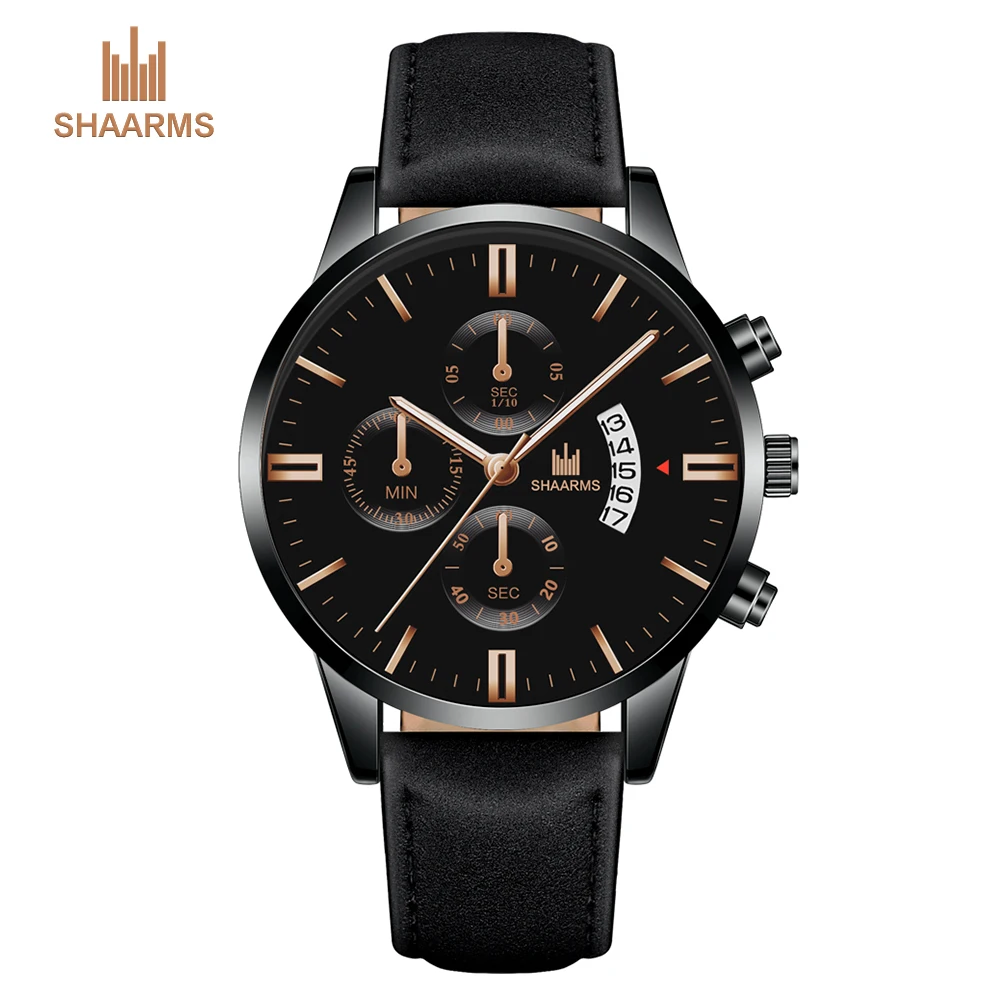 SHAARMS мужские роскошные кожаные часы модные кварцевые с календарем деловые
