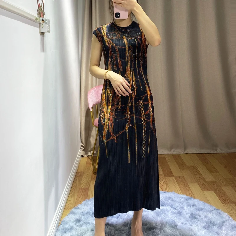 Changpleat новые женские платья с принтом Miyak Плиссированное модное дизайнерское приталенное женское элегантное платье с О-образным вырезом и эластичной талией D9087