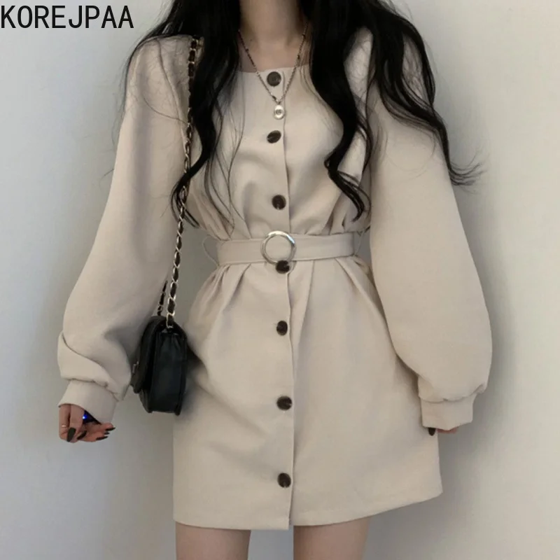 

Korejpaa Casual Solid Dress Women Chic Autumn Simple Fashion Square Collar Single-breasted Lace-up Waist Puff Sleeve Dresses
