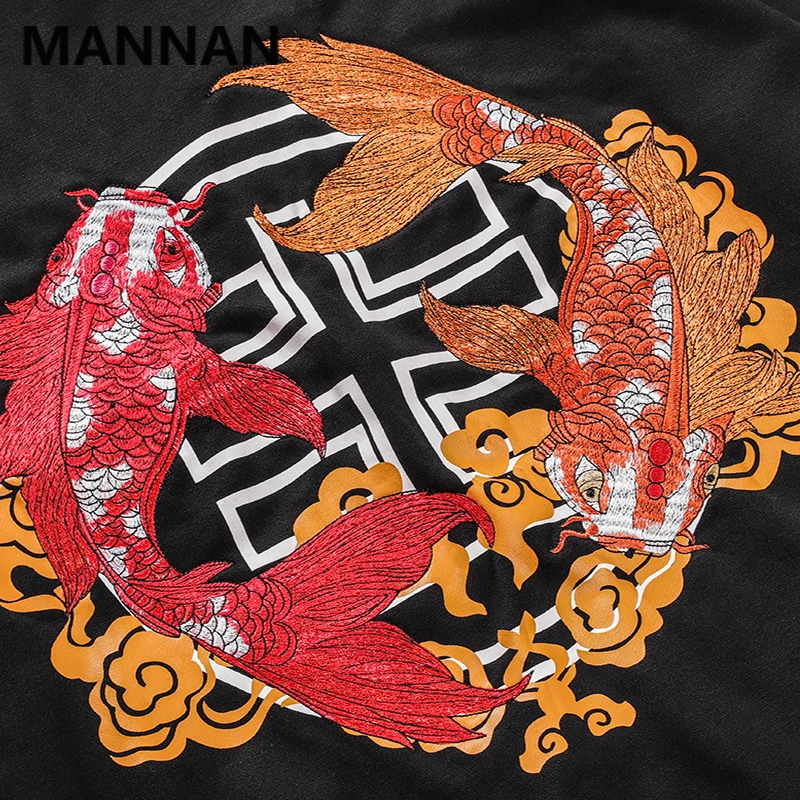 MANNAN, мужские толстовки с капюшоном, с вышитыми карпами, кои, рыбами, толстовки, Harajuku, хип-хоп, Модный пуловер, толстовка, уличная одежда, топы
