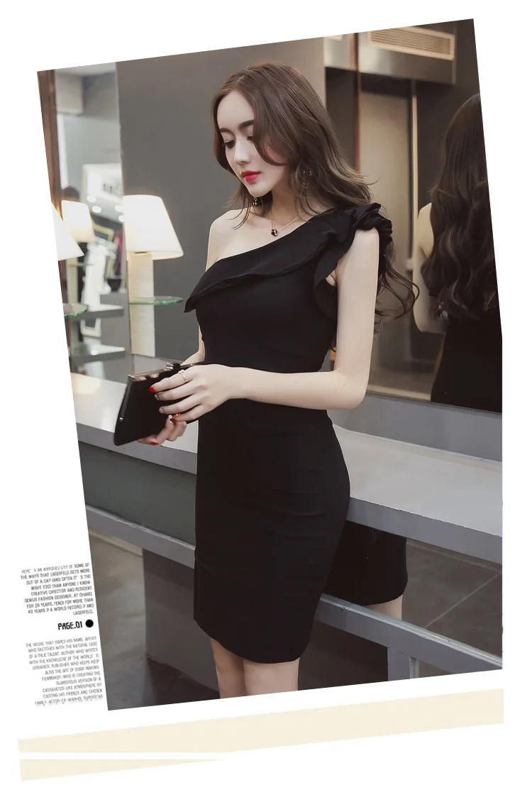 Ladies Sleevelss Sheath Ruffle Wrap Black Mini Dress Women Sexy Dinner Dresses for Women Red One-Shoulder Evening Party Dress