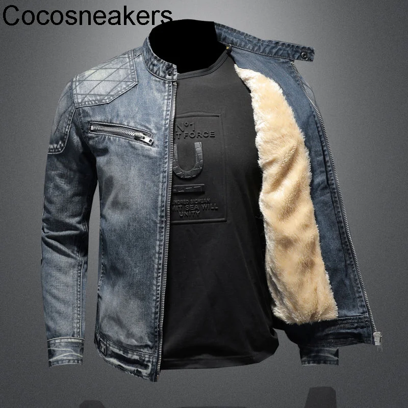 

special Plush thickened denim coat men's baseball collar