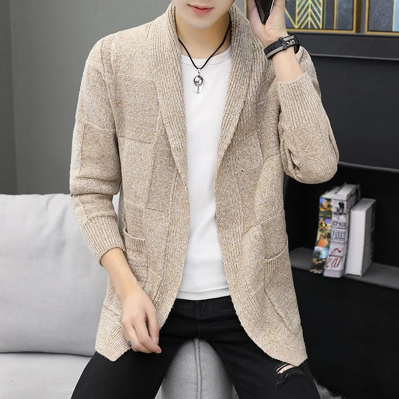 Мужской шерстяной кардиган с лацканами однотонный теплый трикотажный