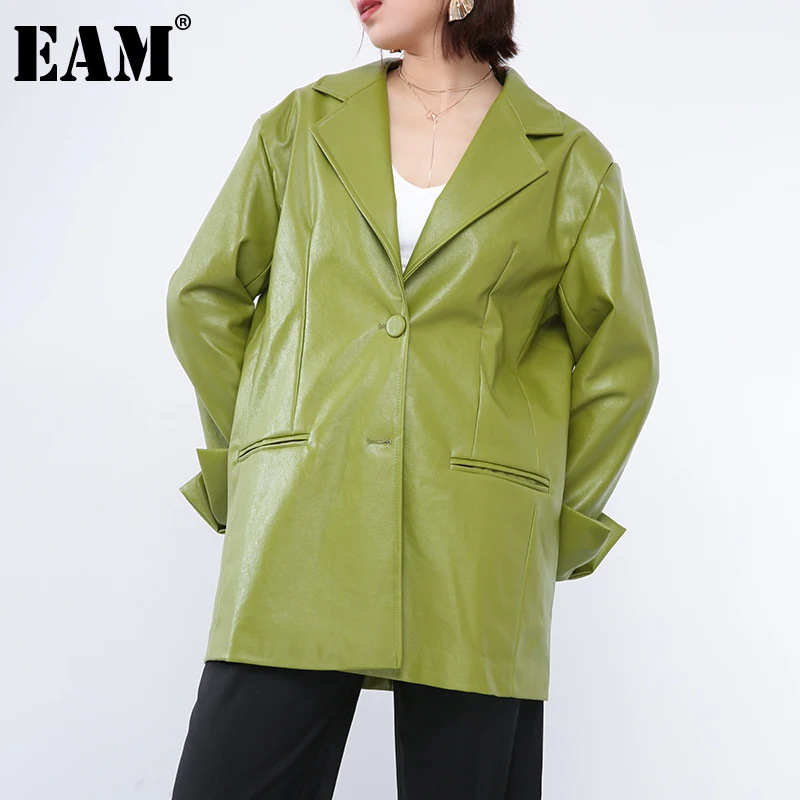 

[EAM] Loose Fit Green Pu Leather Oversized Leisure Jacket New Lapel Long Sleeve Women Coat Fashion Spring Autumn 2021 1X49606