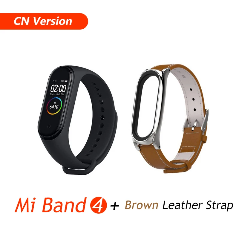 Фирменный Xiaomi mi браслет 4 браслет mi Band 4 фитнес-браслет 3 цвета AMOLED экран музыкальный контроль Smartband - Цвет: CN Add Brown Leather