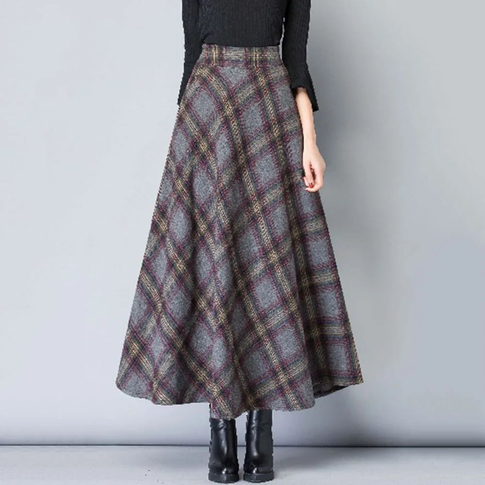 Осень зима теплая XXL Клетчатая Шерстяная Юбка Высокая талия для женщин